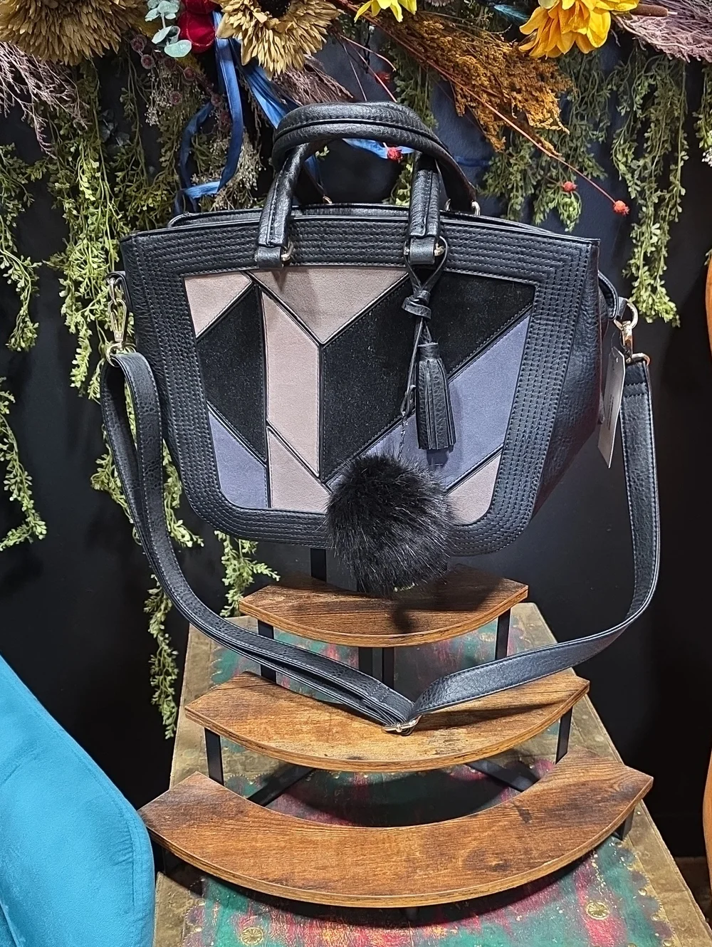 Black Geometric Panel Shoulder Bag with Pom Accent